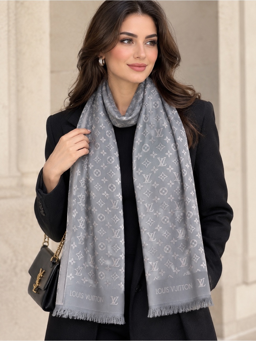 Grey two tone monogram large scarf
